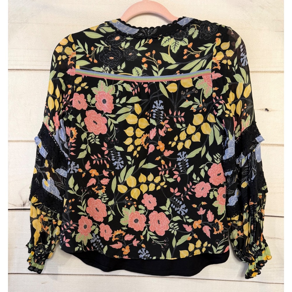 Hale Bob Floral Viscose Blouse Black‎ Crochet Lace Trim Tassel V-Neck XS Boho - Picture 6 of 6